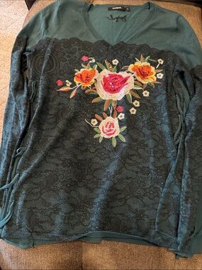 Desigual Teal V-Neck Lace-Print Lightweight Sweater with Floral Embroidery